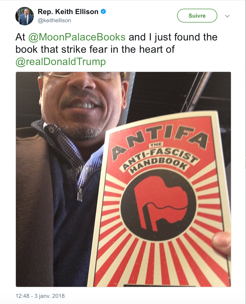 Keith Ellison tweeted a photograph of himself with a copy of the Antifa handbook