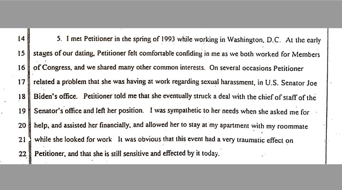 Court filing from Tara Reade divorce in 1996 mentions sexual harassment in Joe Biden's senate office